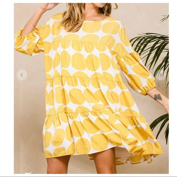 14 Boho Large Polka Dot Print Quarter Sleeve Swing Dress - Picture 4 of 6